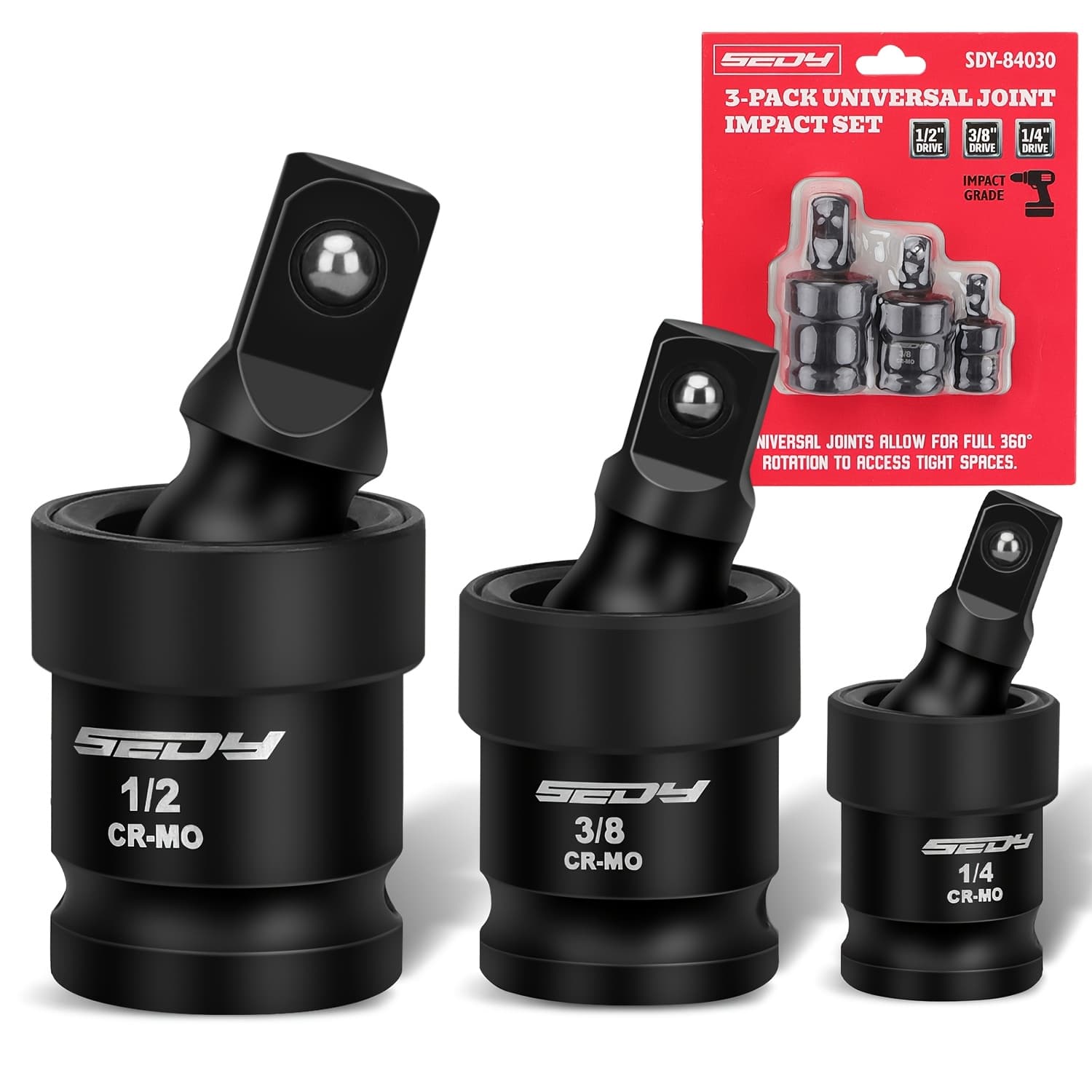 TEMU Premium Impact Universal Joint Socket Swivel Set 3pcs Ball 1/2" 3/8" 1/2"