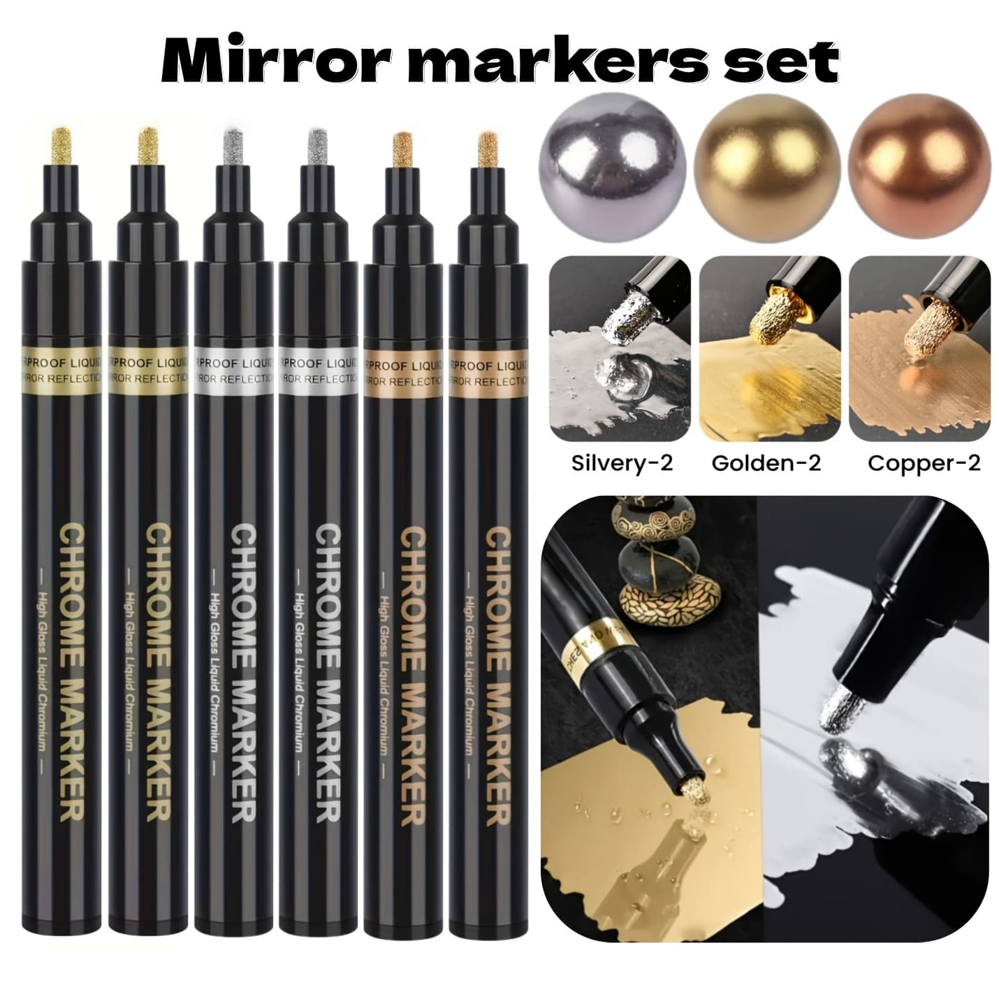 TEMU 6pcs Marker Set, Silvery/golden/copper Chrome Marker, Reflective&fast-drying Signature Marker For Crafts On Automotive Decor, Metal, Plastic, Stone And Glass, Professional Artistic Use