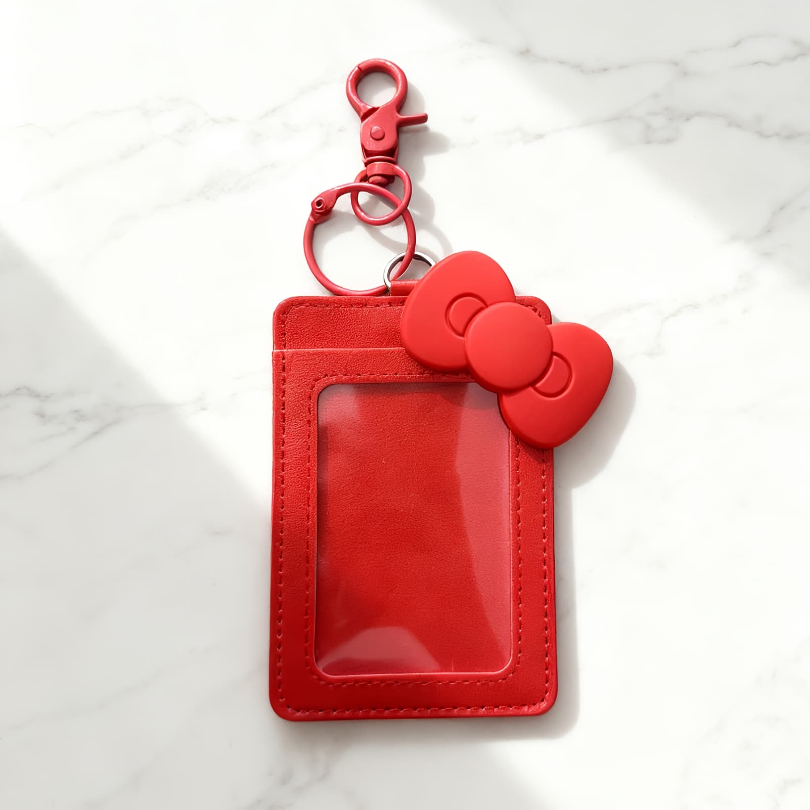 TEMU 2d Kawaii Hello Kitty Card Holder Keychain Cute Kitty Cat Kpop Faux Leather Photo Card Case Red Bow Keyring Bag Decoration For Gifts