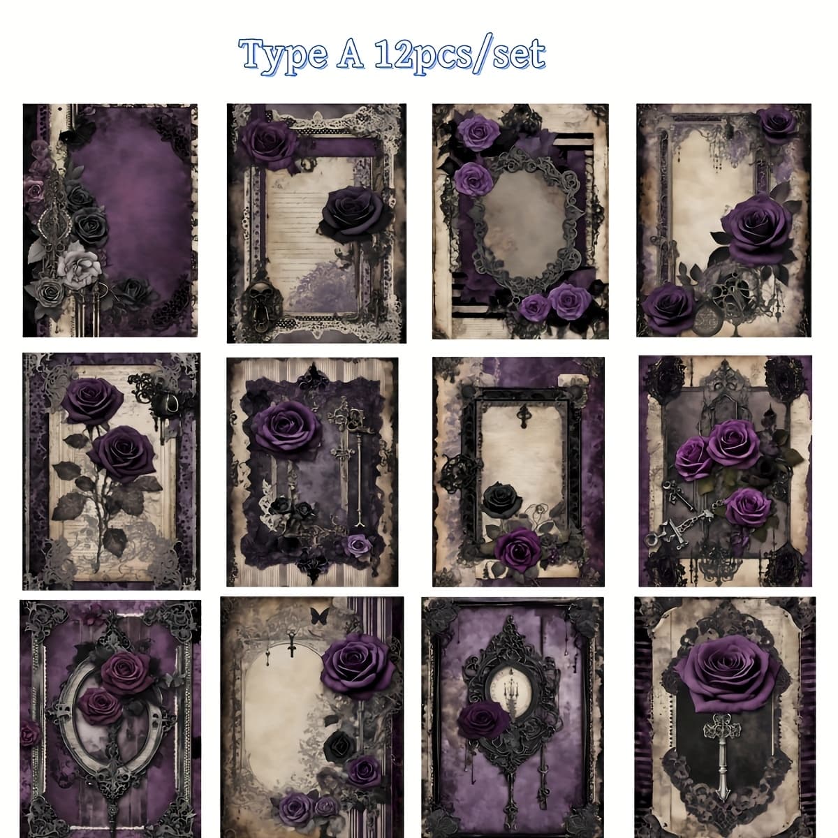 TEMU 12pcs/set Vintage Gothic Dark Purple Rose Garbage Notebook Stickers Book Cover Picture Material Diary Decoration Sticker Sticker Decor