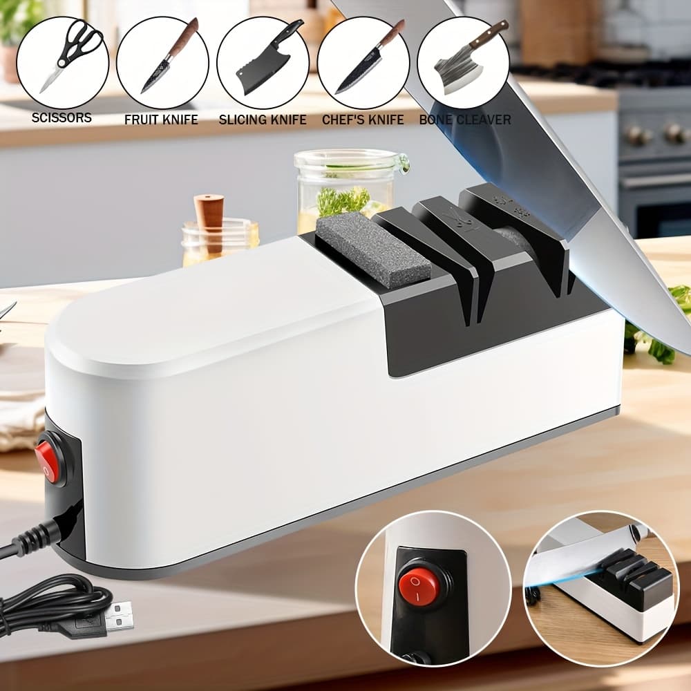 TEMU 4-slot Usb Quick Sharp Electric Knife Sharpener Compact Electric Blade Sharpener 3-speed Easy-to-clean Replaceable Grinding Wheel, Ideal For , Knives And Scissors For Rough Sharpening