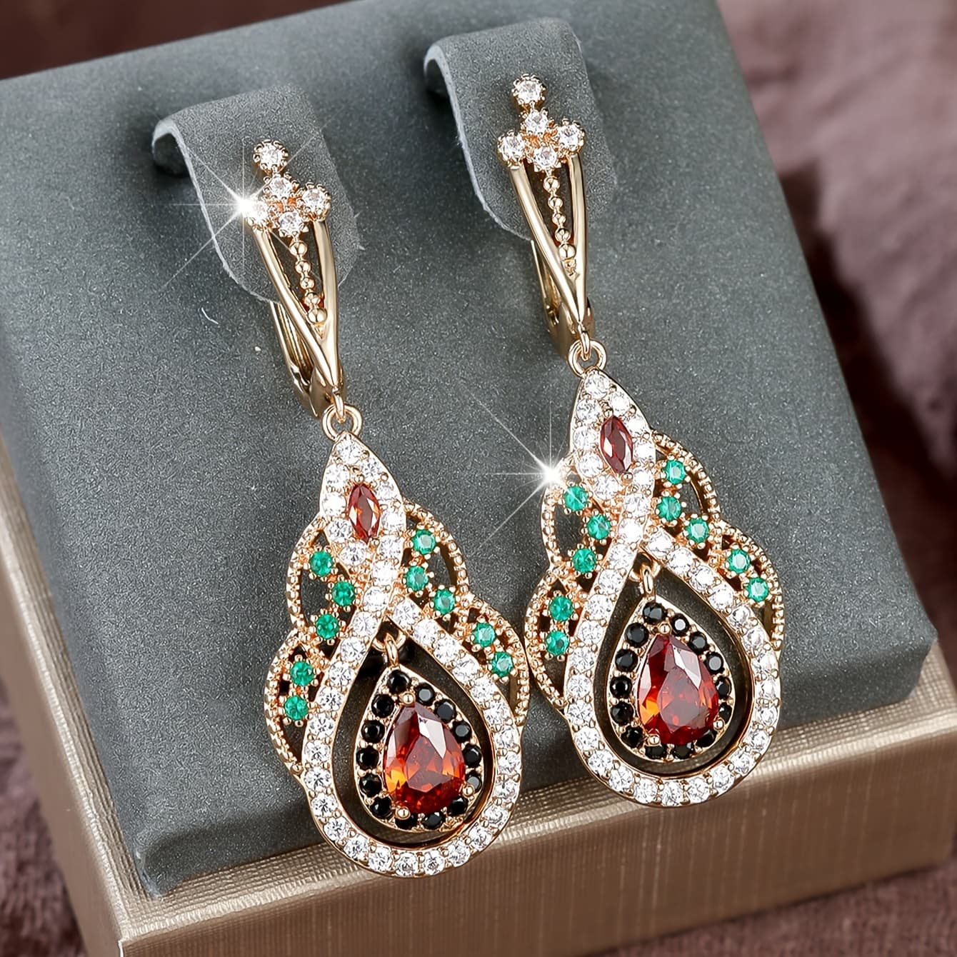 TEMU 1 Pair Delicate Bohemian Multi Color Synthetic Zirconia Golden Women's Earrings - Luxurious Wedding Party Everyday Jewelry - Durable And Sparkling Accessory
