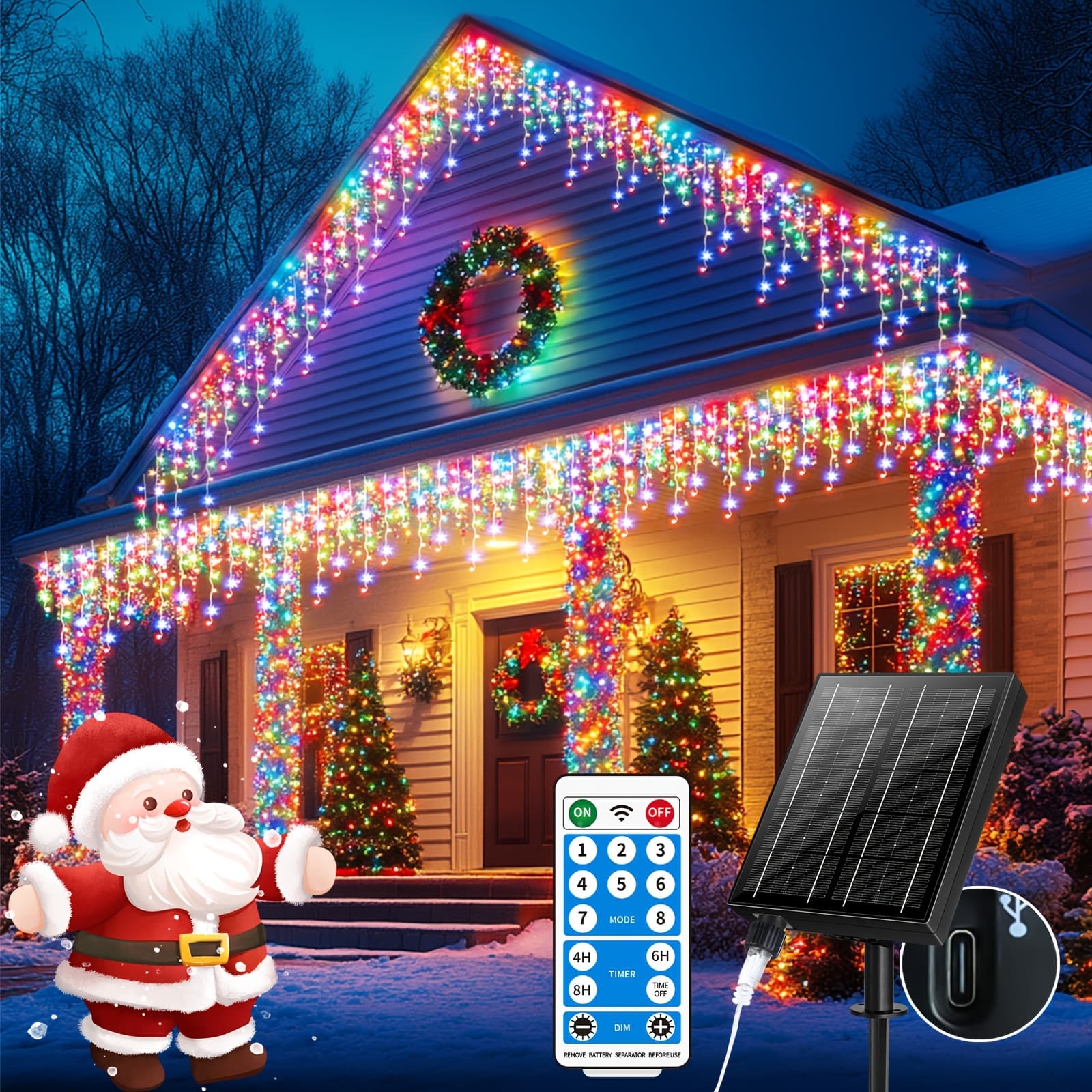 TEMU 76ft 600led Solar Icicle Lights Outdoor Decorations Christmas String Lights Usb Rechargeable 8 Remote Lights For House Roof Party Wedding