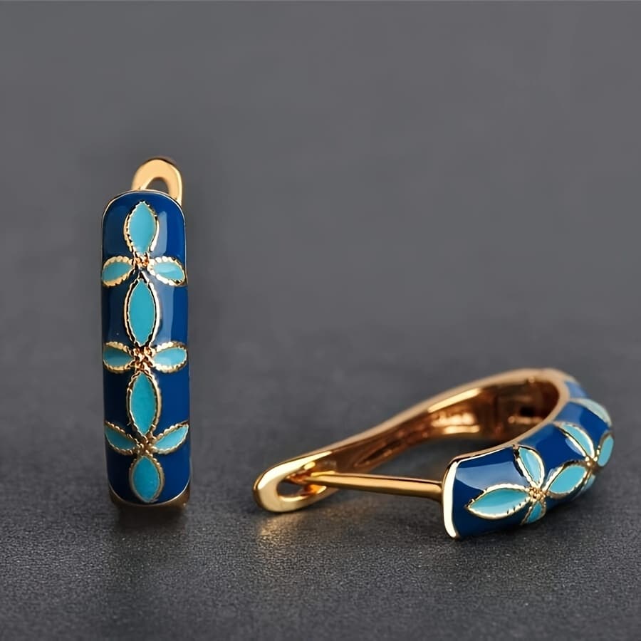 TEMU 1 Pair Of Luxurious Vintage Enamel Floral Copper Hoop Earrings