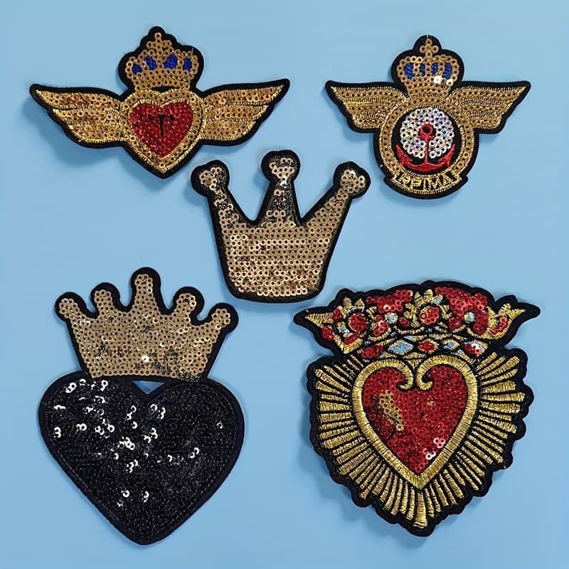 TEMU 5pcs Set Of Heart-shaped Crown Badge Sequin Embroidery Patches. Chenille Patches With Adhesive Backing, Suitable For Ironing On. Clothing Embroidery Patches And Additions