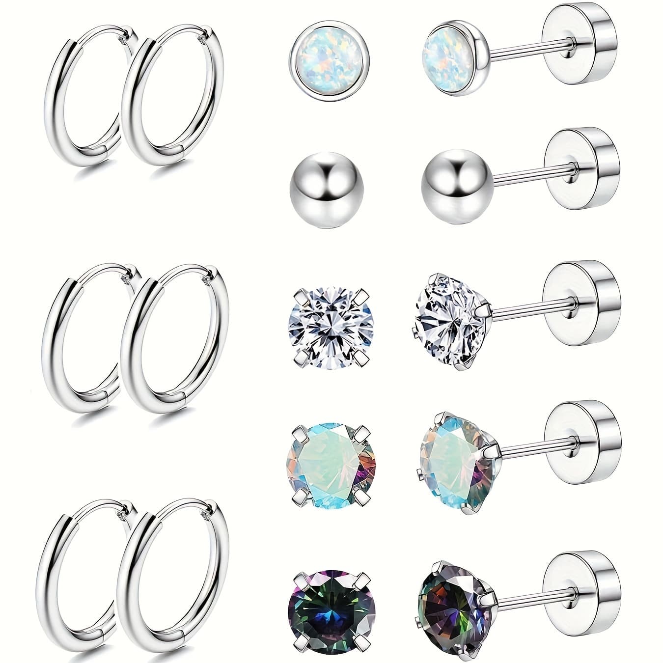 TEMU 8pairs Surgical Stainless Steel Earrings For Sensitive Ears Small Opal Ball Cz Flat Back Stud Earrings Hypoallergenic Hoop Earrings For Women Men 20g Cartilage Earrings