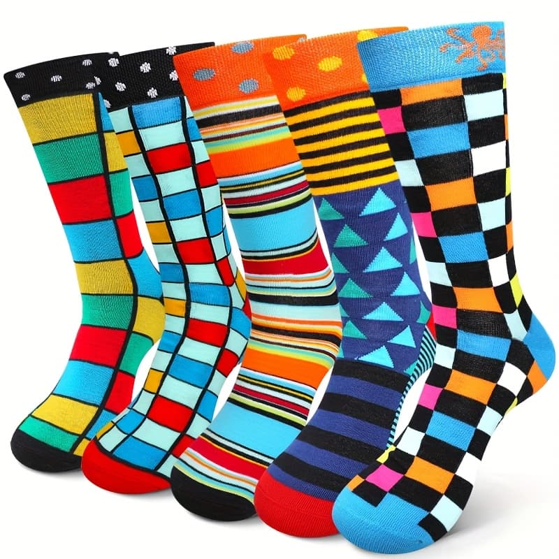 TEMU 5 Pairs Men's Colorful Geometric Pattern Mid-calf Socks - High , Breathable & Comfortable Unisex Casual Wear For All , Vibrant Polka Dots, Stripes & Abstract Designs