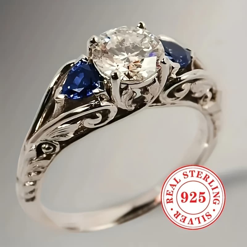 TEMU 1 Women's Anniversary Ring 925 Pure Silvery Exquisite Synthetic Zirconia 3 Stone Ring Women's And Men's Retro Carving Pattern Ring Daily Leisure Vacation Additions