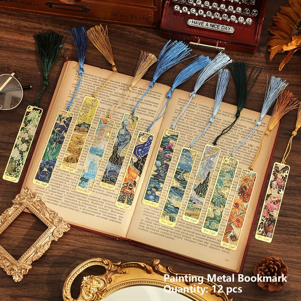 TEMU 12pcs Vintage Oil Painting Metal Bookmarks With Long Tassels - Elegant , Perfect Gift For Book Lovers And Students, Retro, Reading Tool, Office School Stationery Supplies