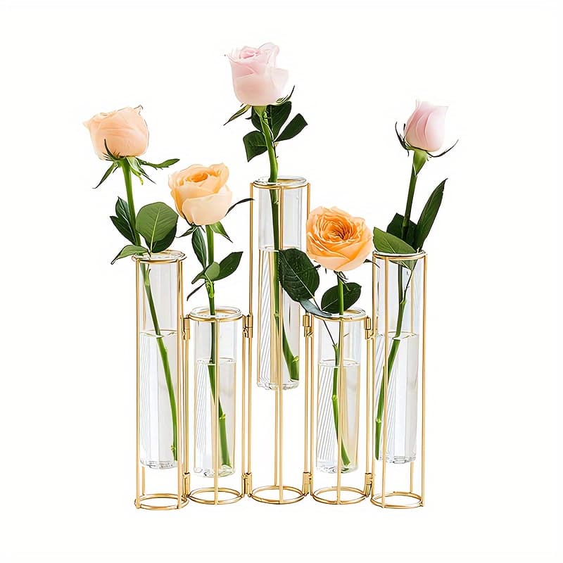 TEMU Test Tube Vase With 5 Test Tubes, Vase For Centerpiece, Water Jet Vase With Metal Bracket, Glass Hinge Propagation Plant Vase For Wedding Home Decoration