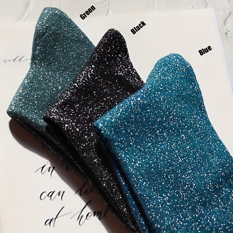 TEMU 3-pack Women's Golden And Silvery Mid-calf Socks With Glitter, Daytime Style Solid Color Personality Short Socks