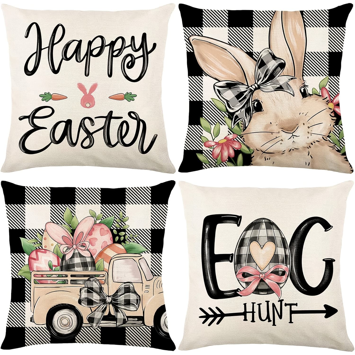 TEMU 4pcs Easter Throw Pillow Covers - Bunny And Egg Pattern, 18x18 Inch, Holiday Decoration, Zippered Cushion Covers For Sofa Bedroom Bed Home Decor, Machine Washable, No Pillow Insert