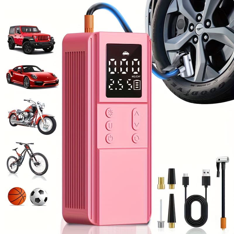 TEMU Portable Tire Inflator With Digital Pressure Gauge 150 Psi, Rechargeable Battery, Led Light, Cordless, Suitable For Cars, Motorcycles, Bicycles, And Balls