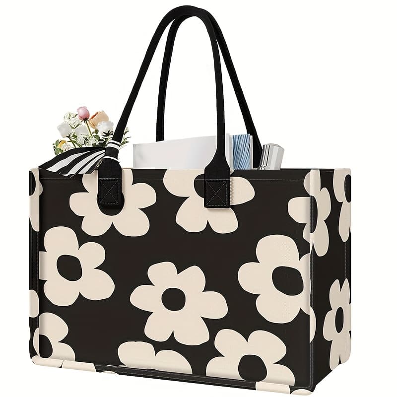TEMU Black And White Flower Pattern Printed Tote Bag - Tote Bag, Women's Gift Handbag Beach Bag, Large Capacity Shopping Handbag Suitable For Women