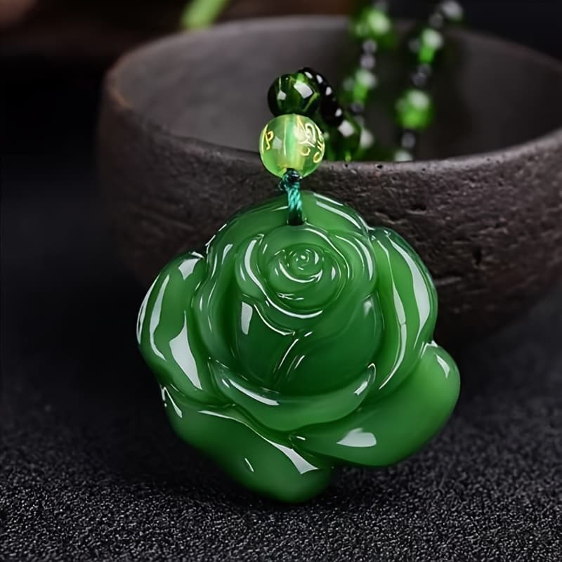 TEMU Hand-carved Green Rose Pendant Necklace, A , Floral-themed Piece On Beaded Chain Perfect For Valentine's Day, Suitable For Men And Women