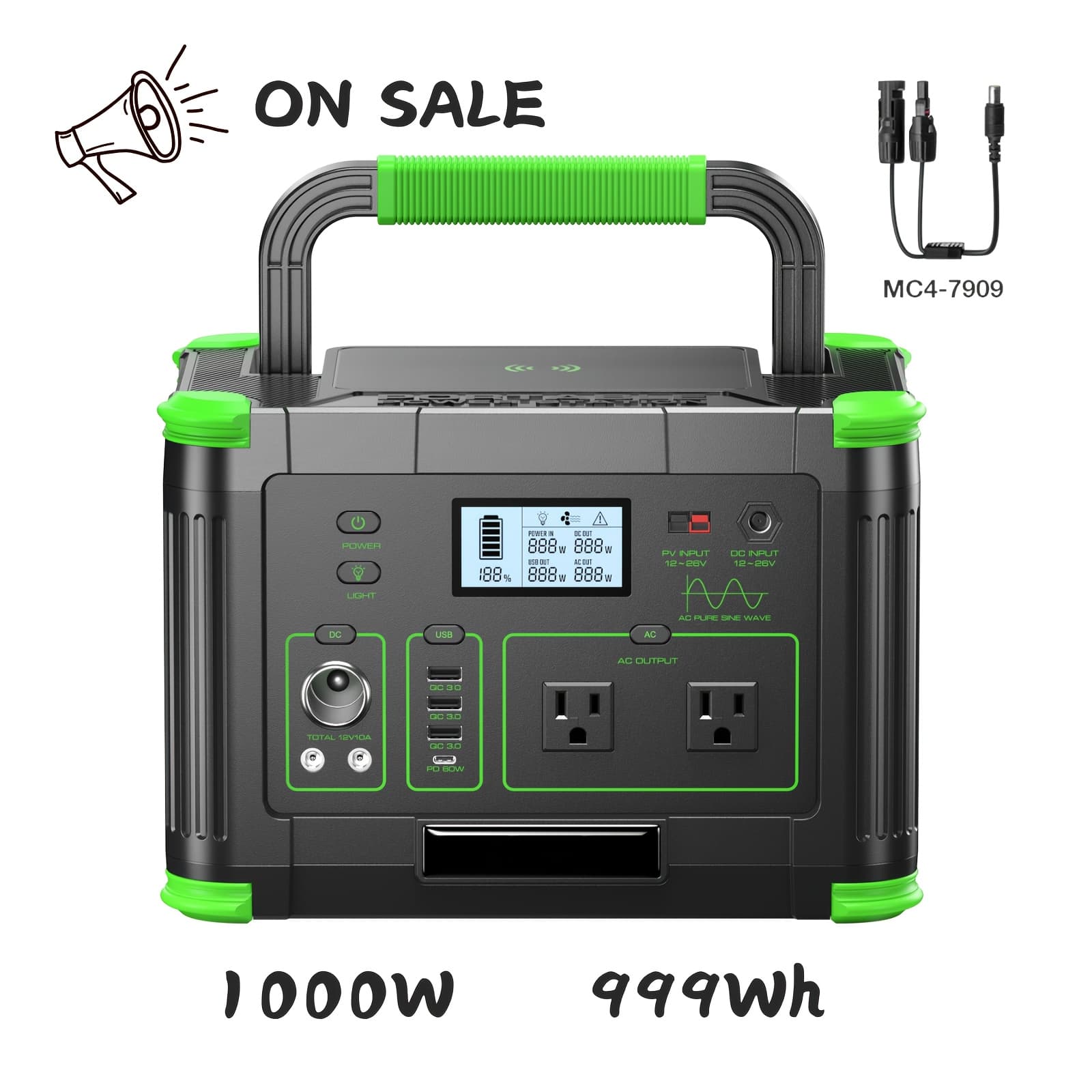 TEMU 999wh Solar Power Generator 1000w ( 2000w), Portable With Pure Sine Wave Ac, Quick Charging, Backup For Rv Camping, Emergencies, And Home Backup
