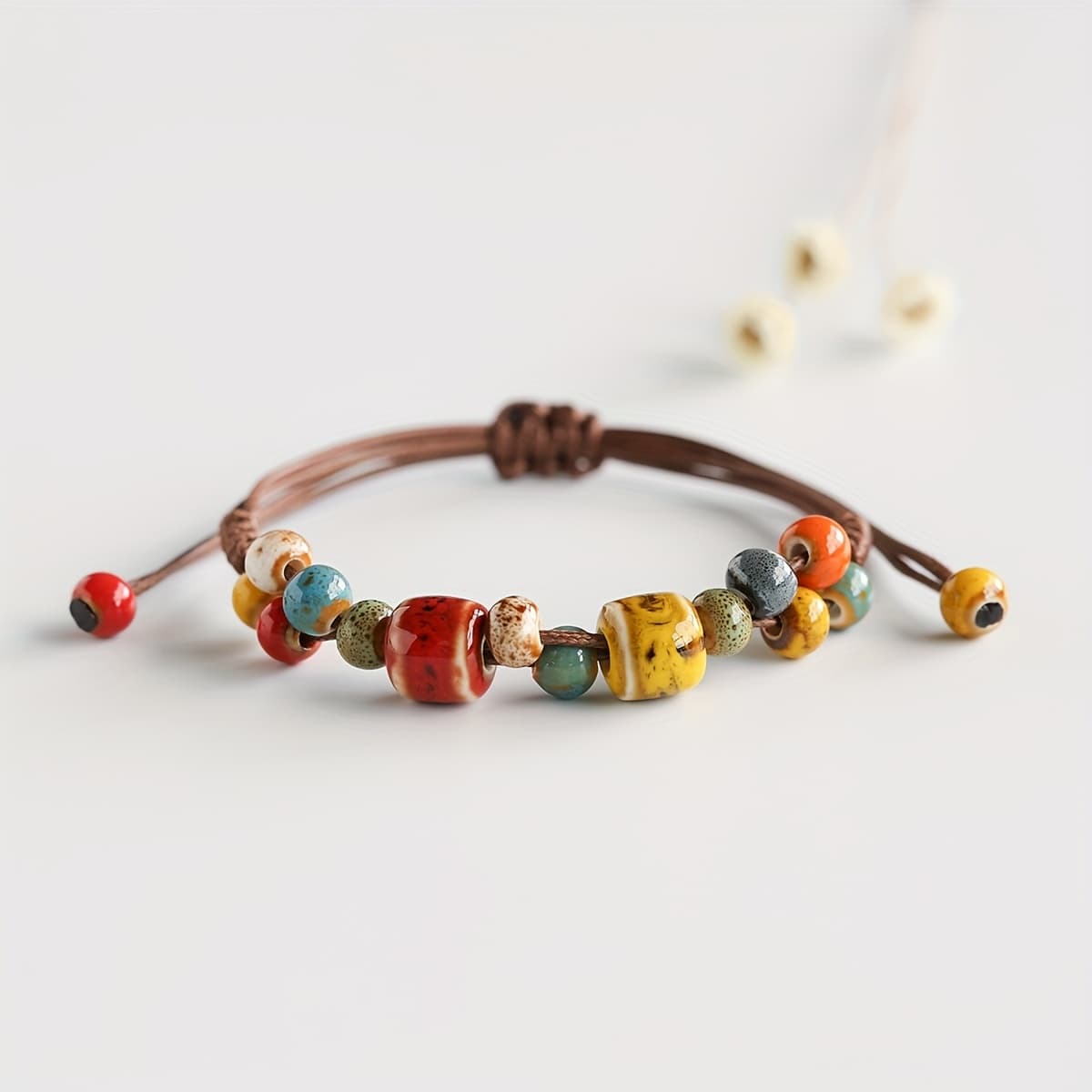 TEMU 1pc Vintage Bohemian Ceramic Women's Braided Bracelet, Adjustable Length, Suitable For Daily Wear, Travel, Vacation, Parties, And , A Perfect Gift For