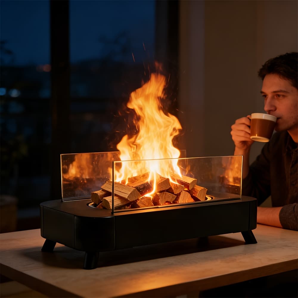 TEMU Wood Pellet Fire Pit, 38.5×22×11.5cm Firewood Pit With Glass , Portable Tabletop Smoke-free For Patio, Backyard, Camping, Tailgating