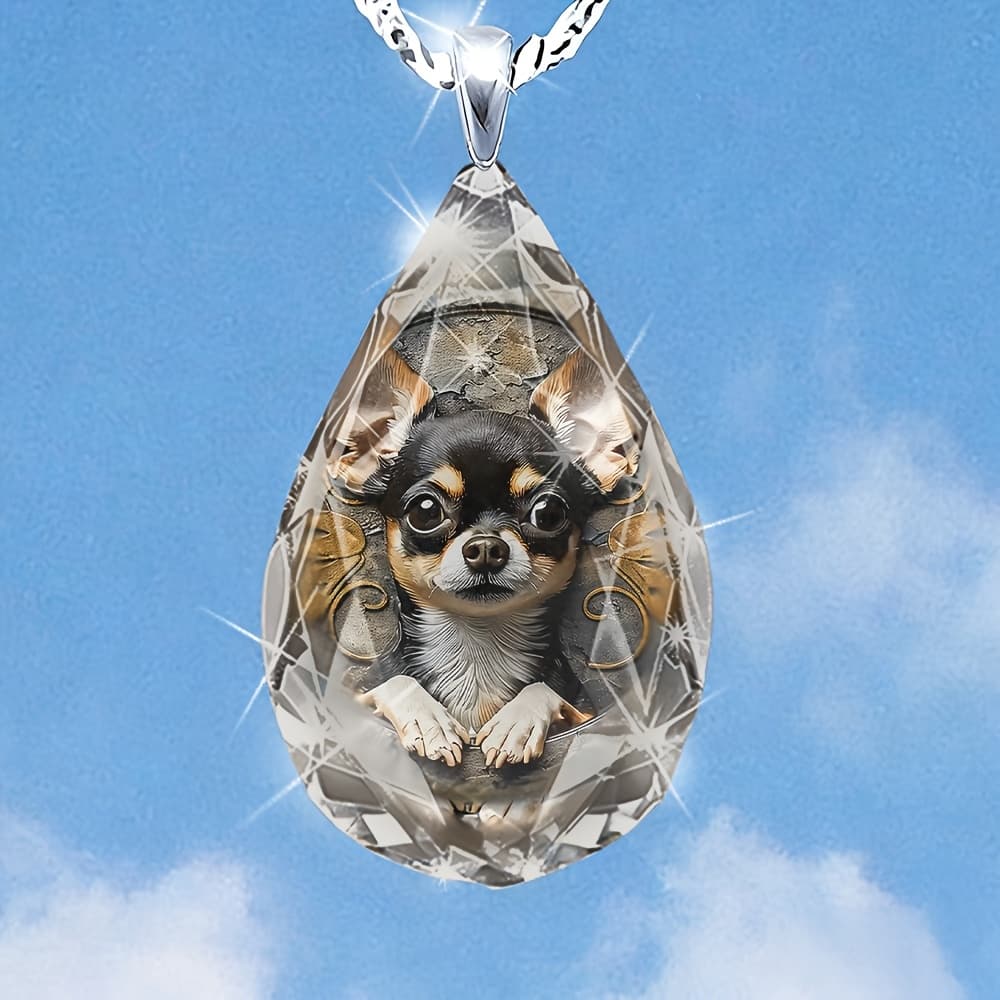 TEMU Lady's Teardrop-shaped Cut Glass Chihuahua Illustration Art Pendant Necklace Elegant Light Daily Wear Suitable For Special Occasions