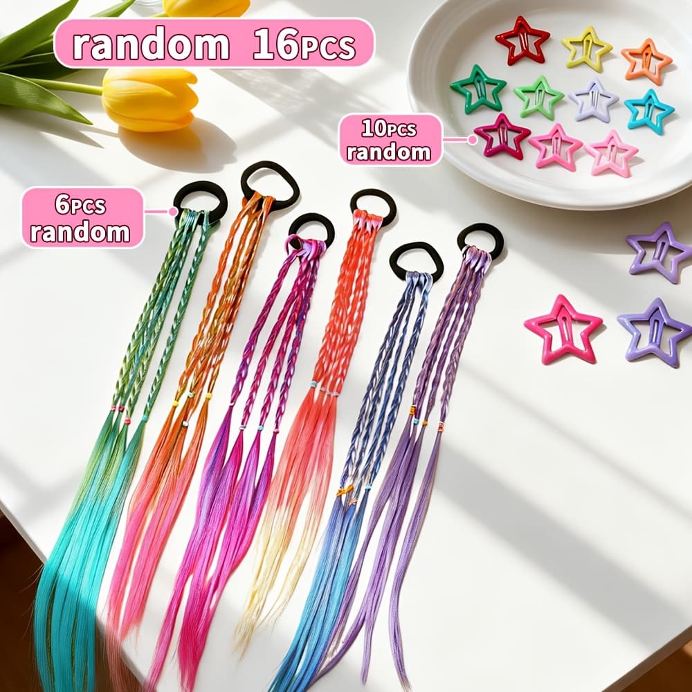 TEMU 16pcs Of Dopamine Dress Up Wigs And Hair Additions For, Including 6pcs Of Random Colored Dress Up Wig Hair Ties + 10pcs Of Free Random Colored Hair Clips