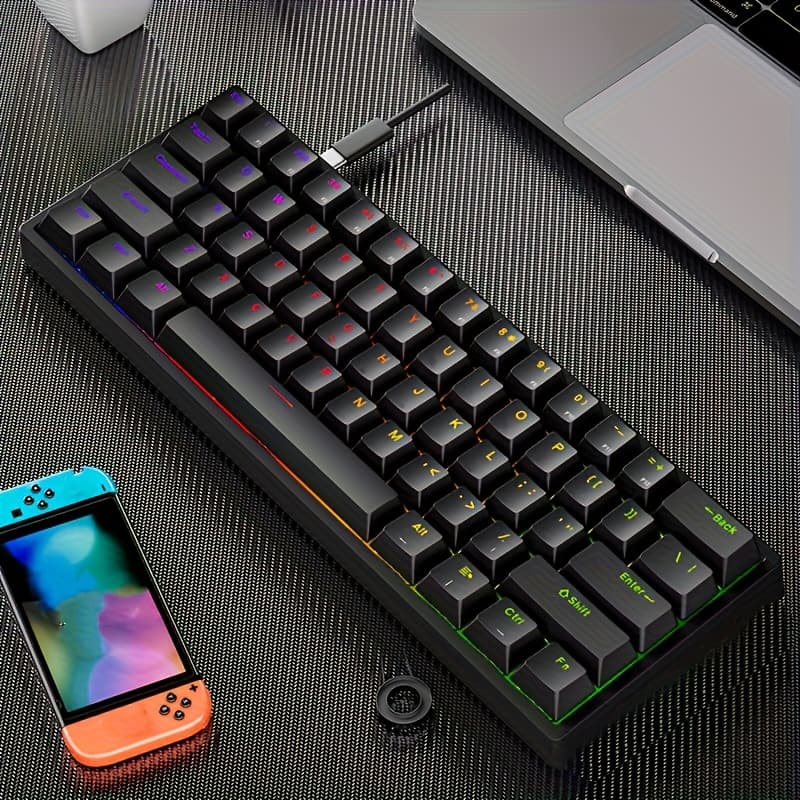TEMU Wired Mechanical Keyboard 61-key, Shaft, Rgb Backlit, Double Shot Keycaps, Compact Gaming Keyboard With Usb Cable, Suitable For Pc Gamers And Business Travelers