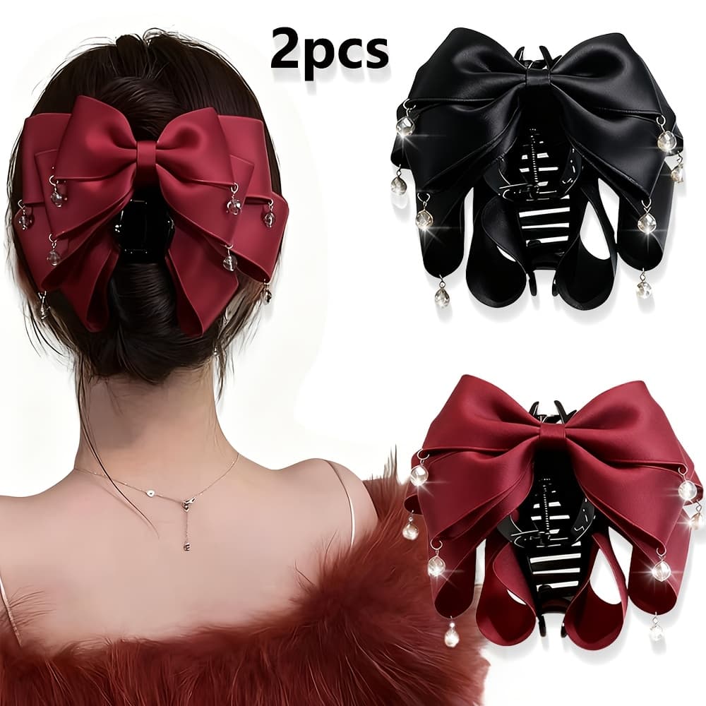 TEMU 2pcs New Fabric Bow Acrylic Hair Claw Clips, Women's Fashion -like Tassel Pendant Large Hair Claw, Non-slip Shark Clip, Suitable For Thick Hair, Women's Hair Accessories