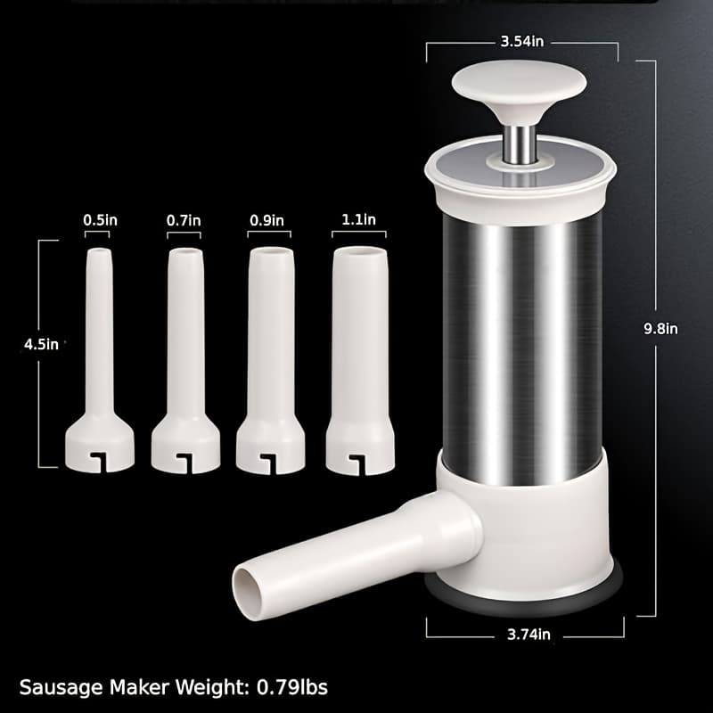 TEMU Stainless Steel Sausage Stuffer - Manual Hand Operated Meat Filler With 4 Nozzle Attachments - Durable Kitchen Tool For Homemade Sausages, , And
