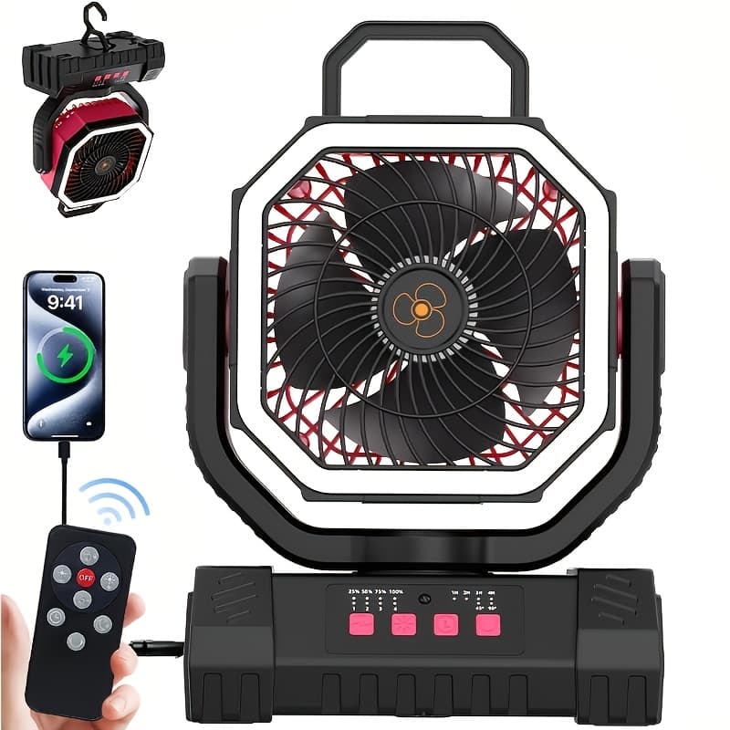 TEMU Battery Powered Fan With Led Lanterns, 20000mah Camping Fan With Dual Motor, 4-speed Desk Fan With Remote Control, Portable Outdoor Fan With Hook For Tent, Power Outage, Construction Site