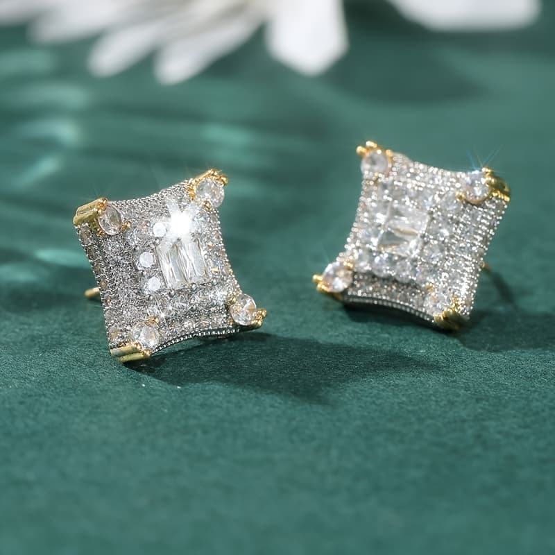 TEMU Luxurious Copper Material Golden Plated Men's/women Earrings Large Square Kite Baguette Iced Cz Ear Studs Electroplated Two-color Earrings