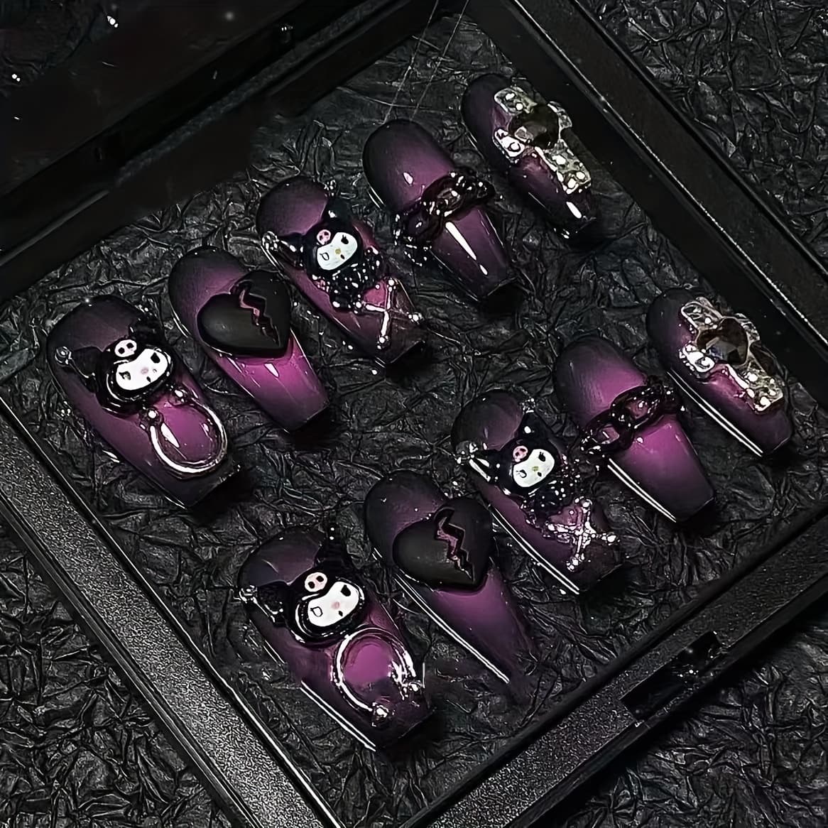 TEMU Sweet And Cool | Handmade Wearable Nails, Hot Y2k Coulomi Black And Purple Nail Art, Phototherapy Nails, Fake Nails Finished Product