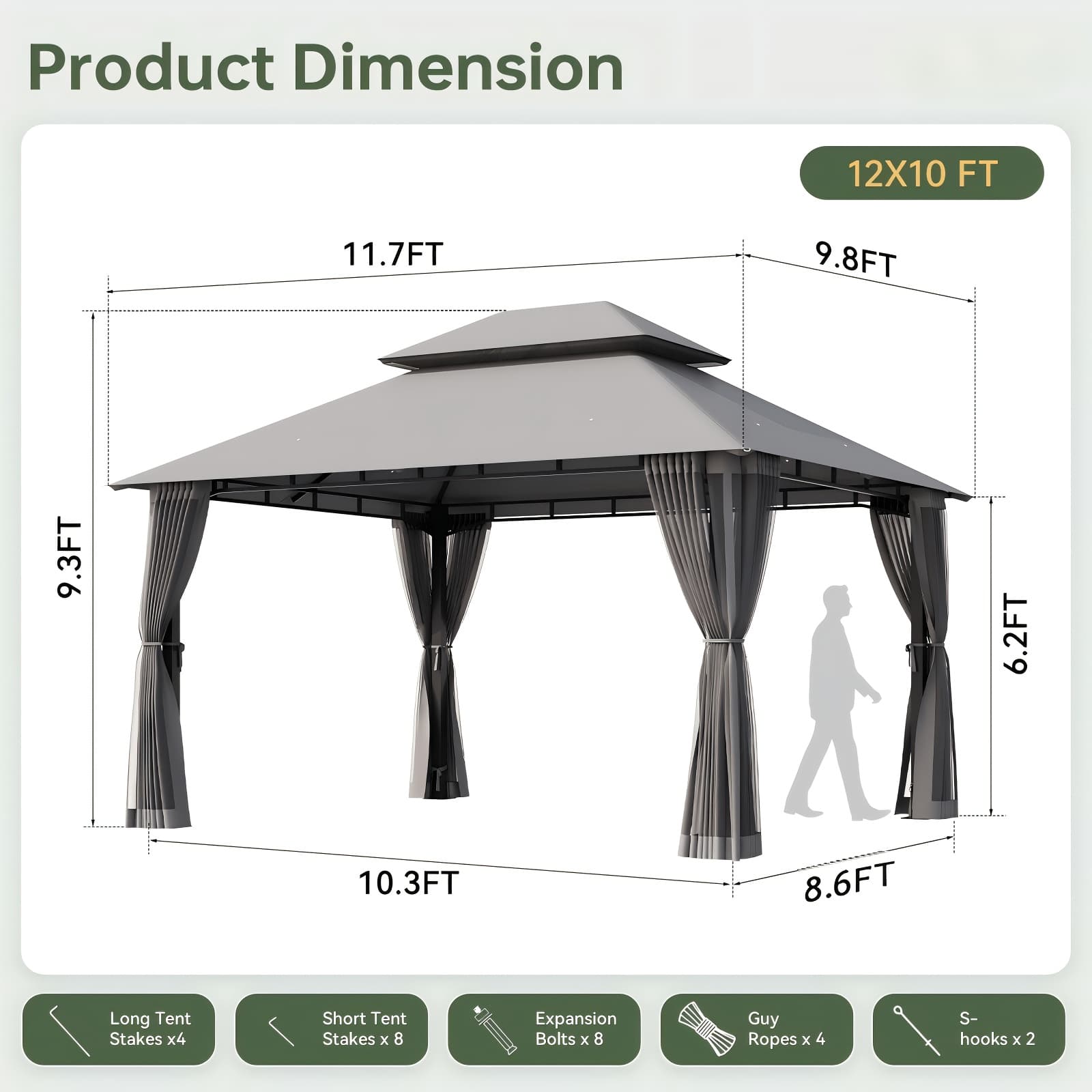 TEMU 8'x8' & 10'x10' & 12'x10' Heavy-duty Aluminium Alloy Outdoor Gazebo With Double Roof Canopy - Pergola Netting, Suitable For , Backyards, Or Gardens (grey)