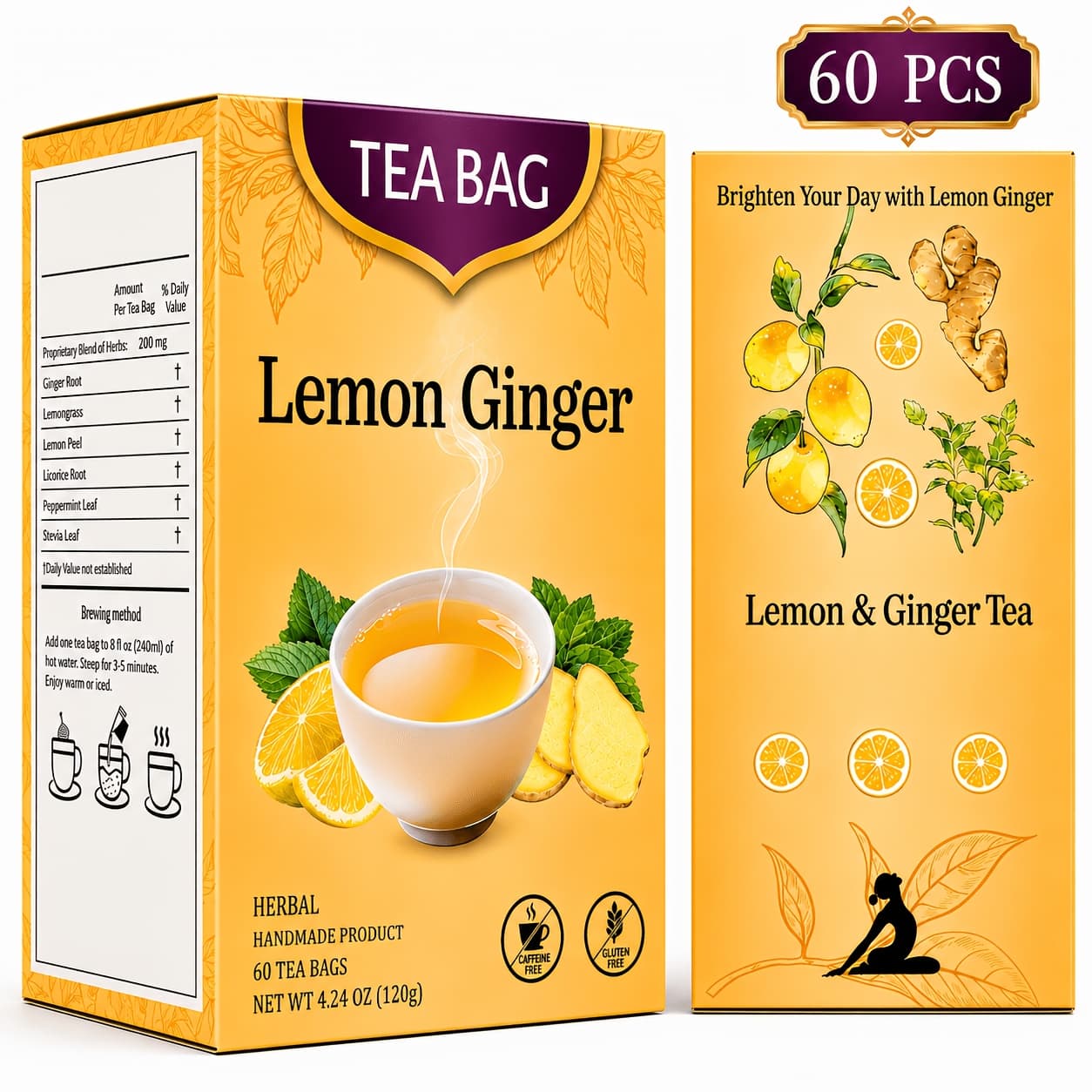 TEMU 30/60pcs Lemon Ginger Tea Bags, Caffeine Free Tea, Herbal Tea Include Ginger Root, Lemongrass, Licorice Root, Lemon Peel, Mint Leaves, Black Pepper Mix, No Sugar, 2g Individually Wrapped
