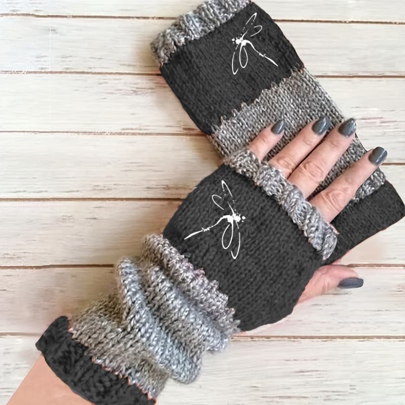 TEMU Autumn And Winter New Dragonfly Embroidery Color Block Contrast Color Mittens