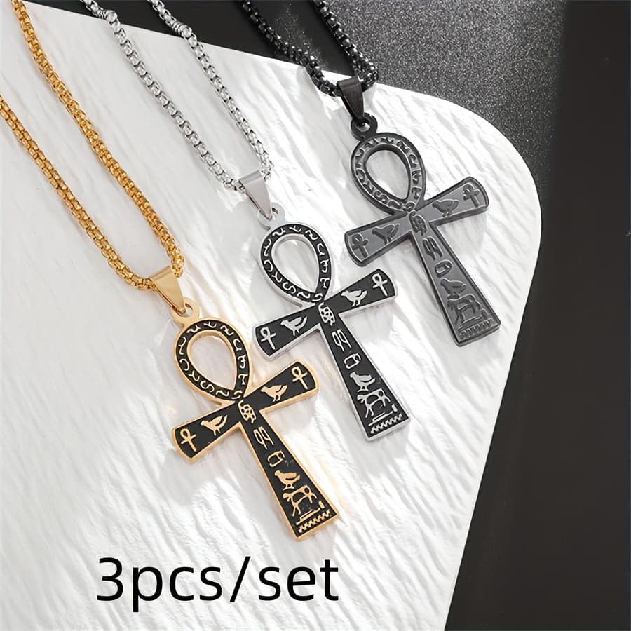 TEMU 3pcs/set Ancient Egyptian Ankh Elephant Animal Totem Necklace For Men And Women Retro Pharaoh Key Of Life Amulet Jewelry