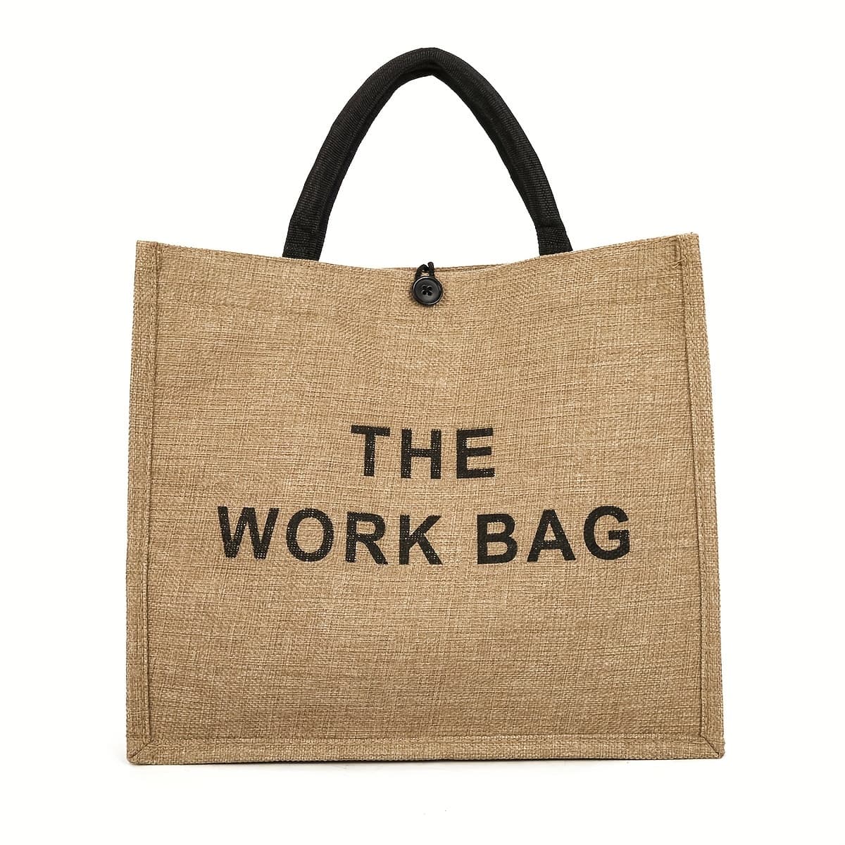 TEMU Large Capacity Burlap Tote Bag For Women - "the Work Bag" Design, Casual Ethnic Style, Durable Polyester With Wrist Strap And Snap Closure, Ideal For Moms, College Students, Khaki
