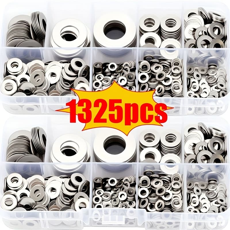 TEMU 1325pcs Stainless Steel Flat Washer Set: Polished Metallic Shine, M2/m2. 5/m3/m4/m5/m6/m8/m10/m12, -proof & | For Home Decoration, Factory Maintenance, Kitchen & Outdoor Construction