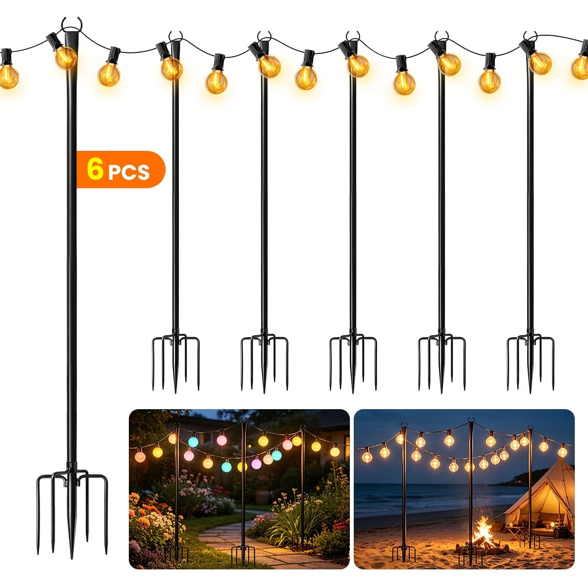 TEMU 6 Pack String Light Poles For Outside, Thickened Metal Lights Hanger Pole Outdoor With Fork, Lighting Hanging Post Accessories For Patio Decor Garden Backyard Yard Front Porch Outside Decorations