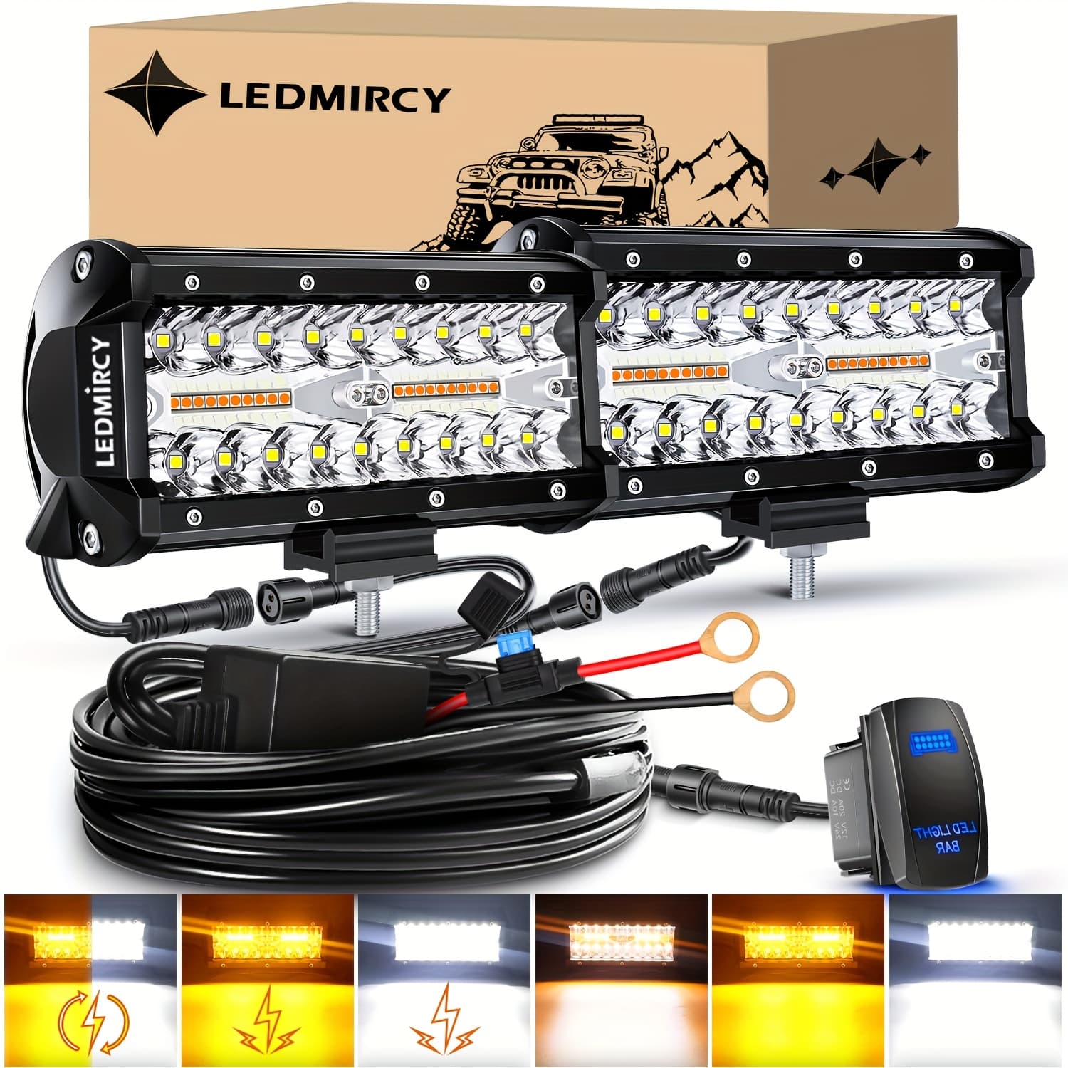 TEMU Ledmircy 7 Inch Led Off Road Lights Bar Kit, With Rocker Switch Wiring Harness 2 Lead, 6 Offroad Light Bar With Memory Function Light, For Jeeps Off Road Trucks Boat Tractor Etc