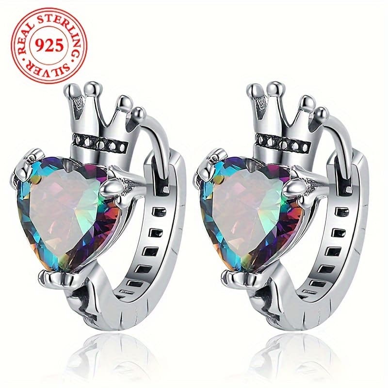TEMU 925 Sterling Silvery Anti Allergy Ring Earrings With Black And Synthetic Zirconia Inlay, Retro Elegant Style, Women's Gift