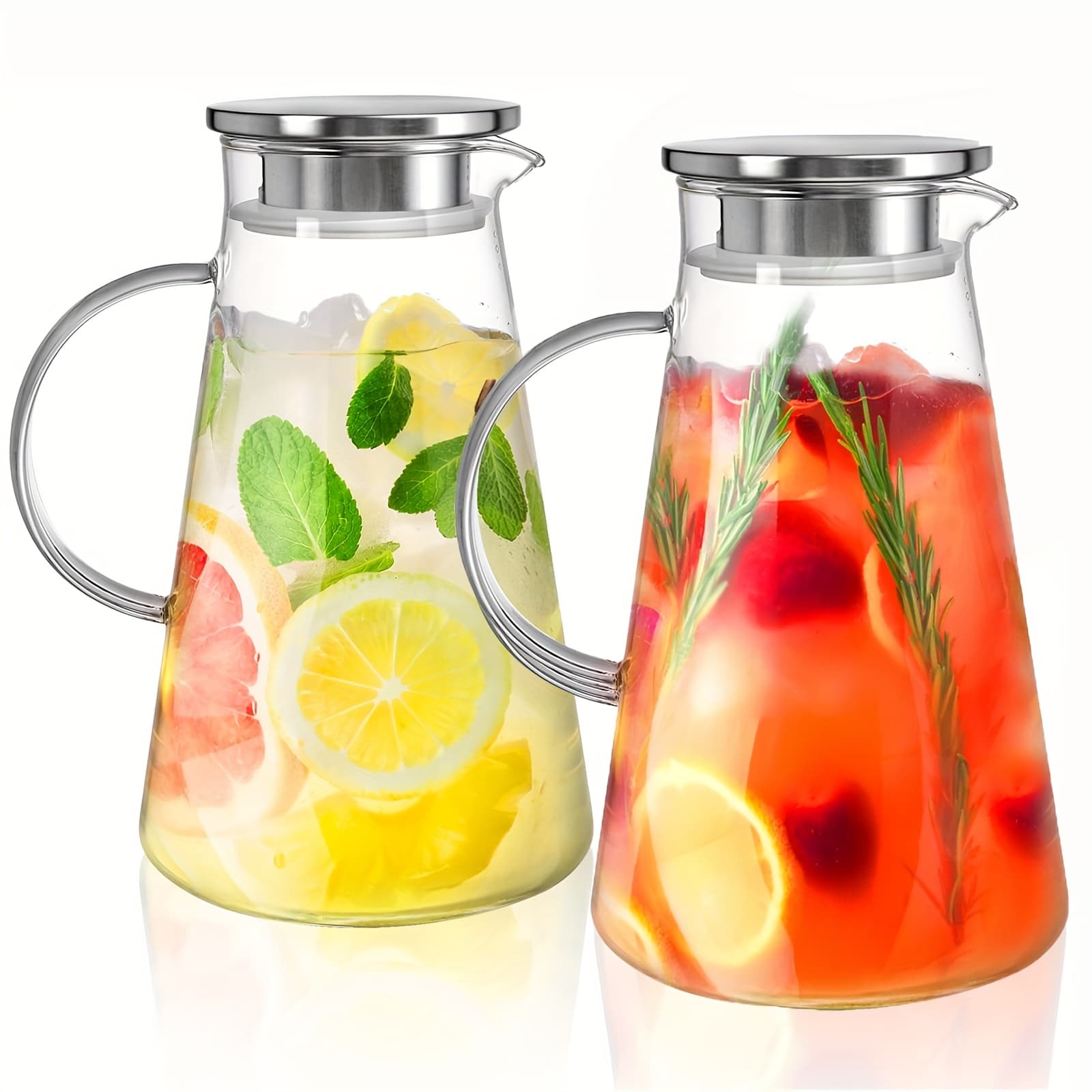TEMU 2pcs 2l/68oz Glass Pitchers With Lids, Easy-to-clean Heat-resistant Glass Pitchers With Handles, Suitable For Hot/cold Drinks - Water, Cold Brew Coffee, Iced Tea, And Juice