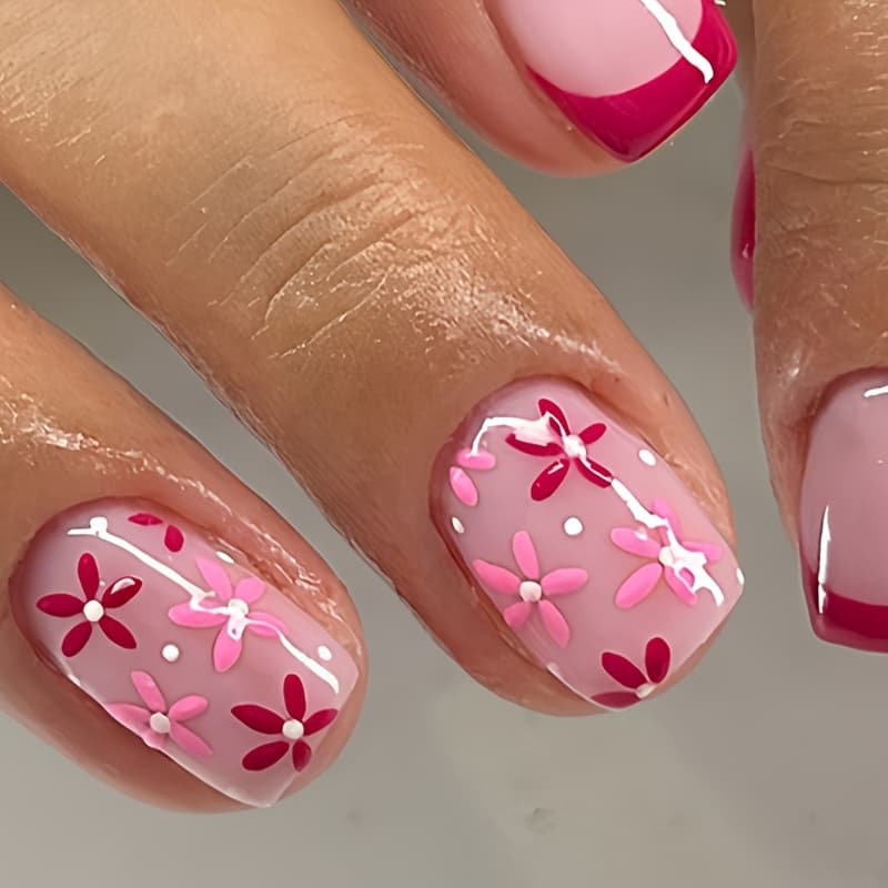 TEMU 24pcs Spring- Pink Floral Press-on Nails, Featuring Pink And Red , Short Glossy Fake Nail Set, Removable And Reusable False Nails For Women