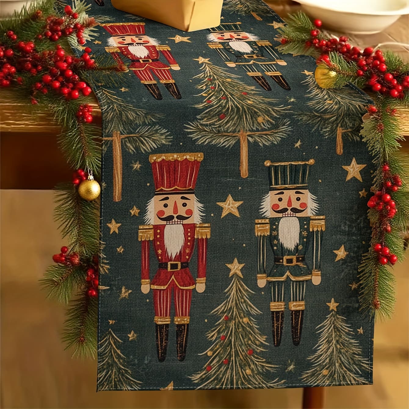 TEMU 1pc Christmas Table Runner - Nutcracker , Christmas Party Decor, 100% Polyester Rectangular Tablecloth For Festival Catering Decoration
