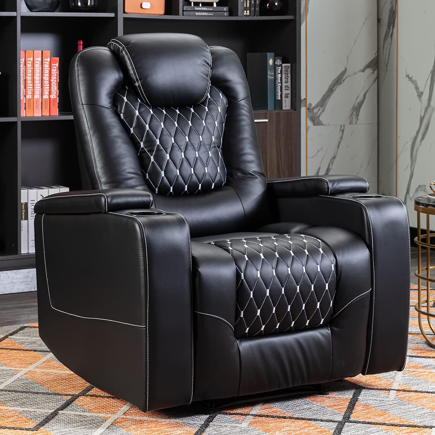 TEMU Chair With Usb Ports And Cup Holders - Electric Home Theater Seating Faux Leather Reclining Furniture With Hidden Arm Storage, Easy To Clean (black)