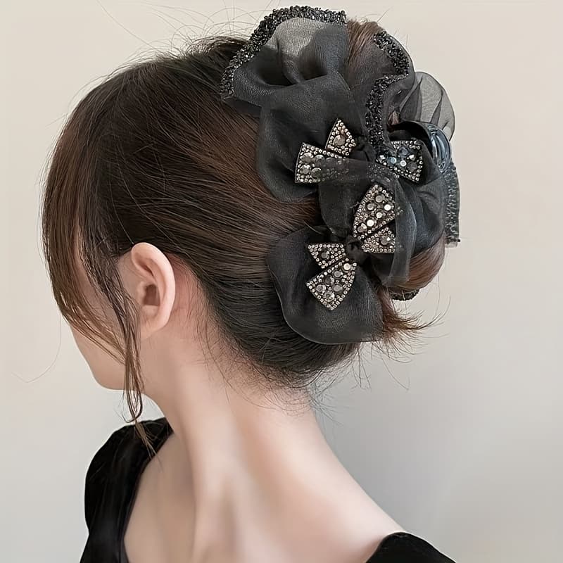 TEMU Designed Temperament Women's Black Lace Mesh Large Shark Clip Hair Additions