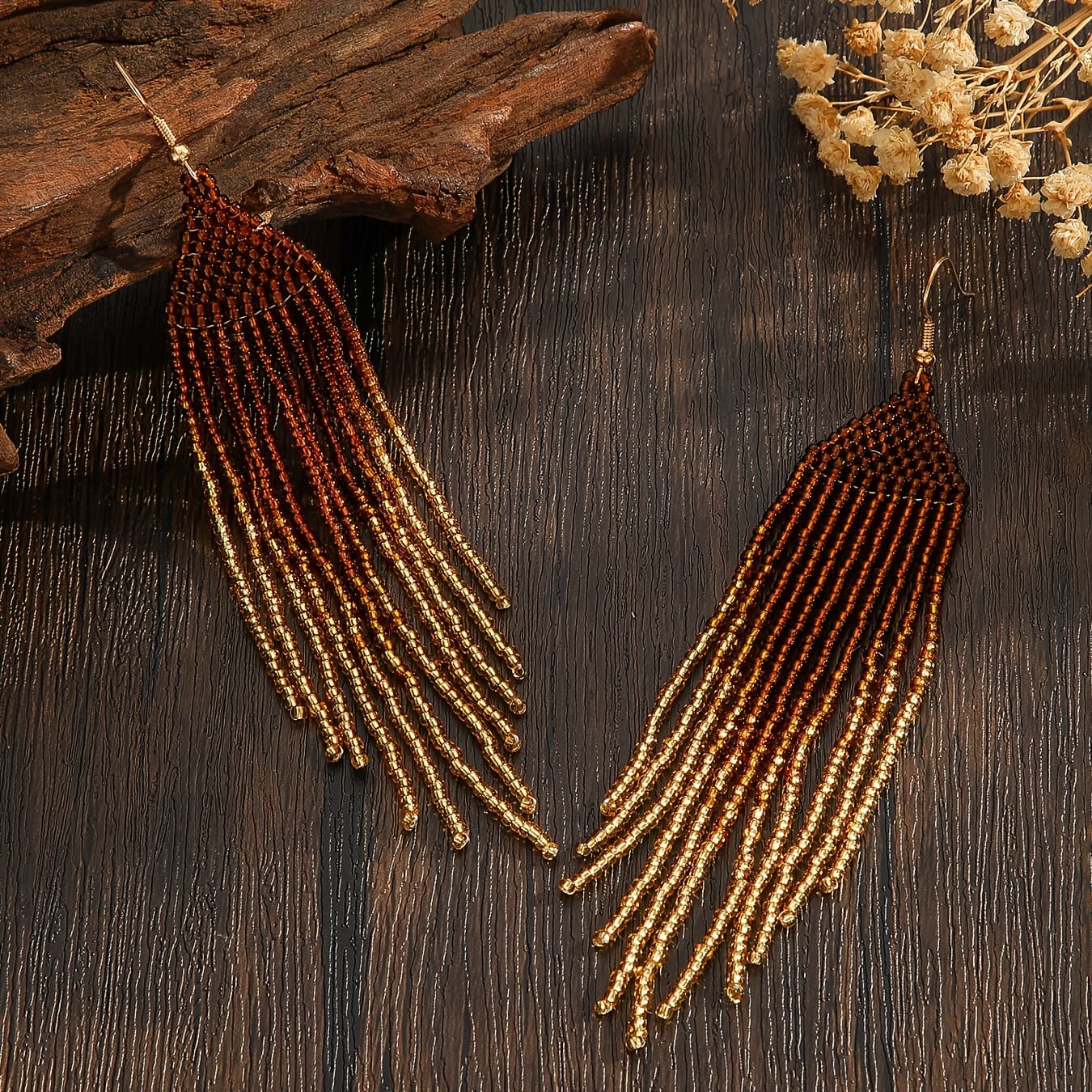 TEMU Bohemian Retro Style Tassel Earrings, Brown Gradient Geometric Pattern Glass Rice Beads, Hand-woven Beaded, Suitable For Daily Wear, Versatile, For Her In All