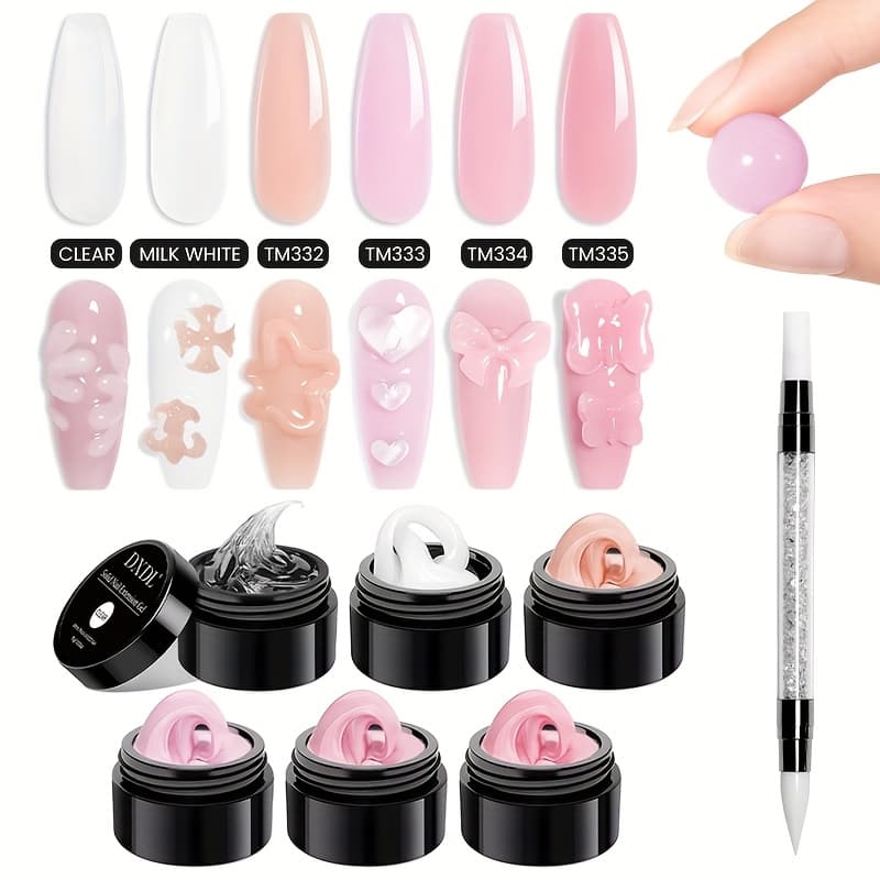 TEMU Dxdl 6pcs 15g Non-sticky Hand Nail Extension Gel Kit With 1pc , Milky Pink Nude Purple Solid Builder Gel, 3d Sculpture Modeling Carving Gel, Soak Off Cured For Salon Home Nail Art Manicure
