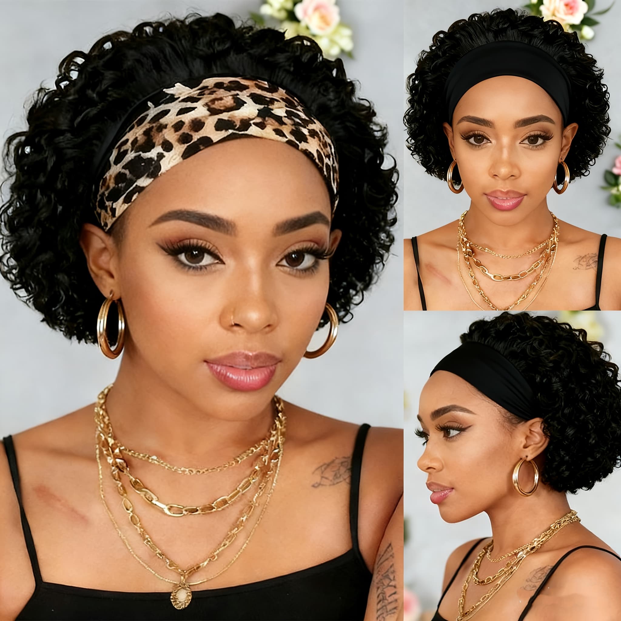 TEMU Brazilian Human Hair Wig Suitable For - 150% Density Headband Wig With Natural Short Curly Hair, No Glue/gel Application, For Beginners, For For Cosplay, Halloween & Daily Wear