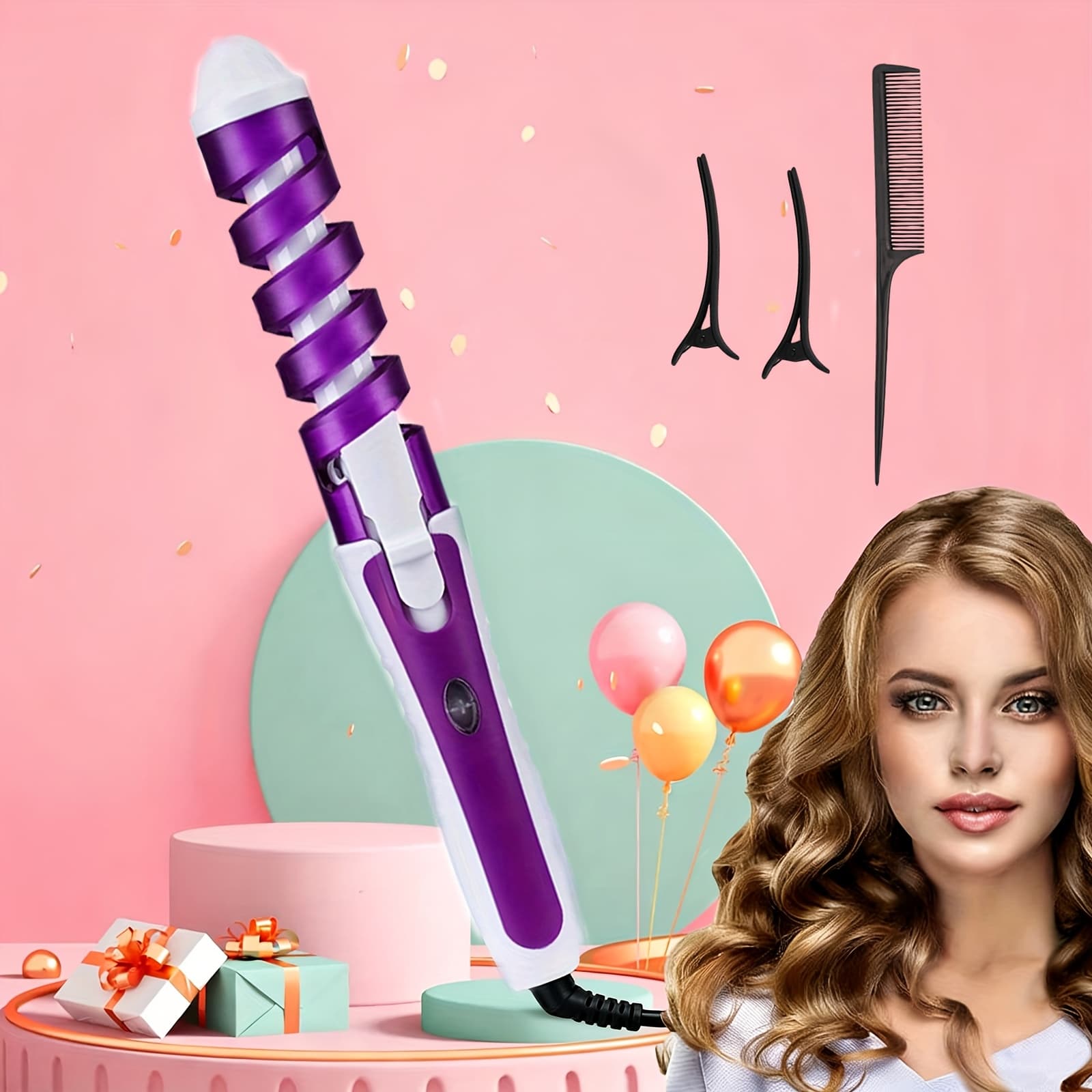 TEMU 360° Color Electric Spiral Curler, Automatic Curling Iron, To Carry, Easy To Operate, Hairdressing Tools, Gift (2 Clips And 1 Comb)
