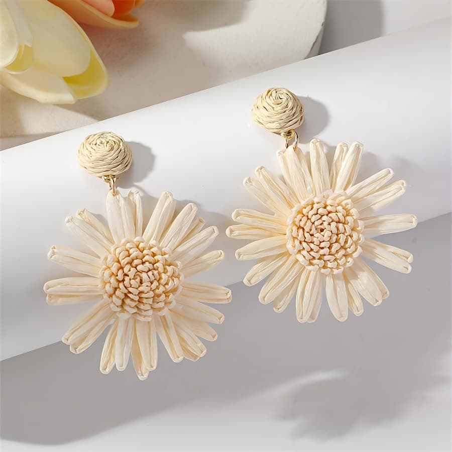 TEMU 1 Pair Boho Chic Daisy Earrings For Women, Raffia Bohemian Beach Jewelry, Versatile For Daily & Party Occasions, Accessory