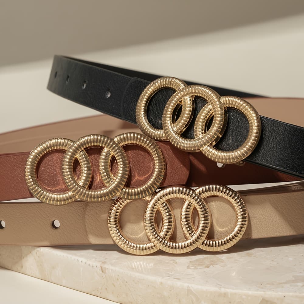 TEMU 3pcs Set Alloy Three-round Pu Belt Ladies Trendy Versatile Daily Commuting Belt, College Style, Leisure Style, Leisure Outing Occasion, College Occasion, Daily Occasion